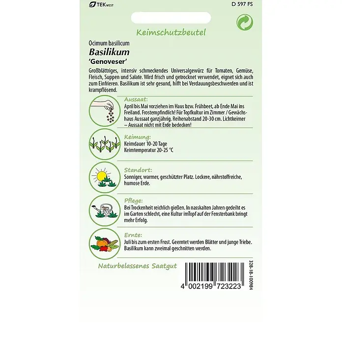 Samen Pfann Saatgut Basilikum, Genoveser - Ocimum basilicum, 1,6 g - Samenpackung für Basilikum 'Genoveser' mit Pflanzanleitung und Barcode.