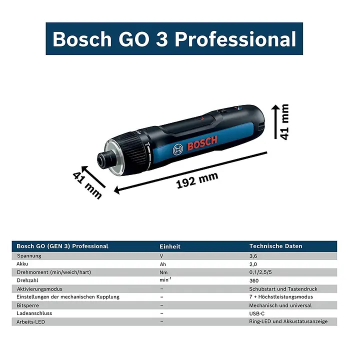 Bosch Professional Akkuschrauber Go - 3,6 V, 1 Akku, 5 Nm - Ein dunkelblauer und schwarzer Bosch GO 3 Professional Akkuschrauber, 192 mm lang und 41 mm breit, zeigt seine Bitaufnahme und das Markenlogo.