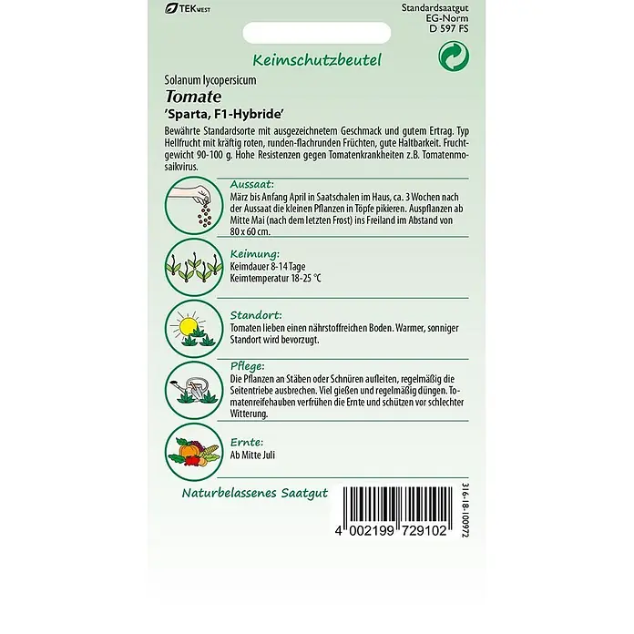 Samen Pfann Saatgut Tomate, Sparta F1 - Solanum lycopersicum, 1,6 g - Saatguttüte für 'Sparta, F1-Hybride' Tomatensamen mit Pflanz- und Pflegehinweisen.