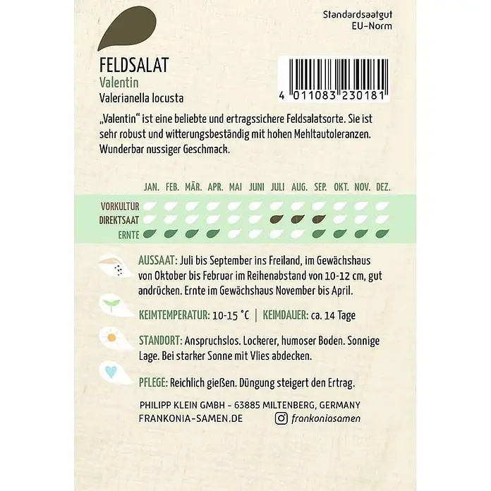 Frankonia Samen Saatgut Feldsalat, Valentin - Valerianella locusta, 1,68 g - Saatguttüte für Feldsalat 'Valentin' mit Pflanz- und Pflegeanleitung.