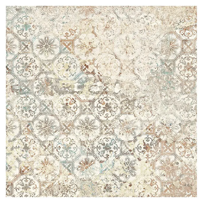 Feinsteinzeugfliese Carpet Natural - 59,2 x 59,2 cm, Sand, Matt - Dekorierte achteckige und quadratische Fliesen in gedämpften Erd- und Petroltönen für Vintage-Böden oder -Wände.