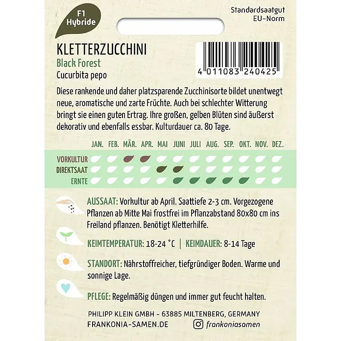 Frankonia Samen Saatgut Kletterzucchini, Black Forest F1 - Cucurbita pepo - Samentüte für 'Kletterzucchini Black Forest' mit Pflanzanweisungen.