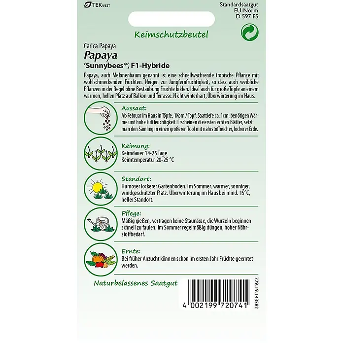 Samen Pfann Saatgut Papaya, Sunnybees® F1 - Carica Papaya, 1,6 g - Grüner Keimschutzbeutel für 'Sunnybees' F1-Hybrid Papaya-Samen, mit Pflanzanleitung und Barcode.
