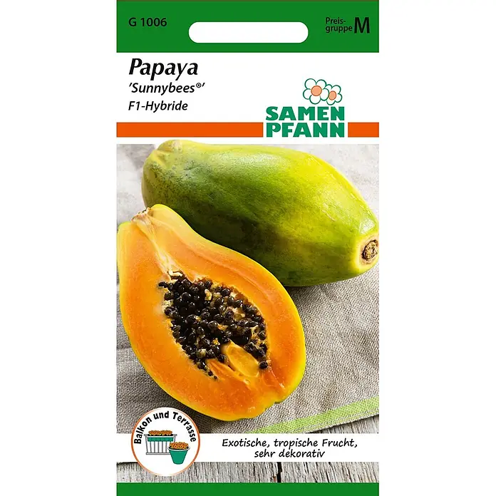 Samen Pfann Saatgut Papaya, Sunnybees® F1 - Carica Papaya, 1,6 g - Samenpackung für Papaya 'Sunnybees F1-Hybride' von Samen Pfann mit ganzen und geschnittenen Papayas. Geeignet für Balkon und Terrasse.