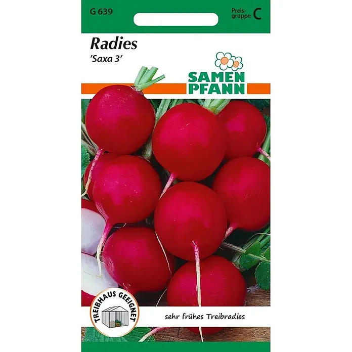 Samen Pfann Saatgut Radies, Saxa 3 - Raphanus sativus, 1,9 g - Saatguttüte für Radieschen 'Saxa 3' mit roten Radieschen. Eine frühe Sorte, für Gewächshausanbau geeignet.