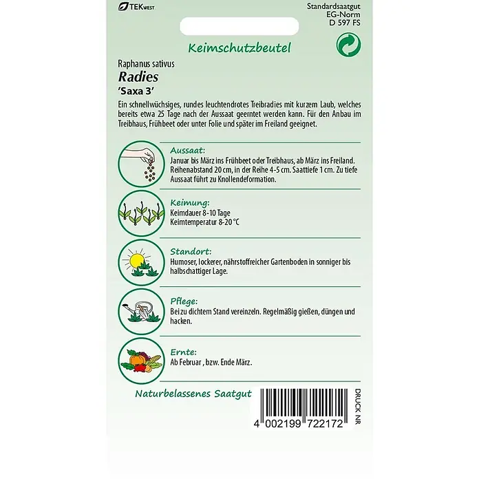 Samen Pfann Saatgut Radies, Saxa 3 - Raphanus sativus, 1,9 g - Grün-weiße Samenpackung für 'Saxa 3' Radieschen mit Pflanzinformationen und Illustrationen.