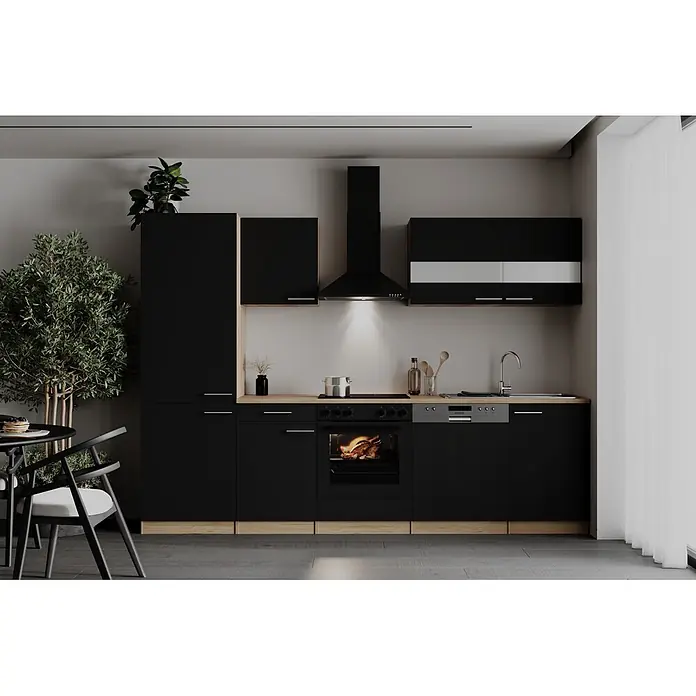 Respekta Küchenzeile Merle - Breite: 280 cm, Schwarz, Mit Elektrogeräten - Moderne schwarze Küchenschränke mit hellen Holzsockeln und Arbeitsplatten, inklusive Ofen, Kochfeld, Spüle und Geschirrspüler.