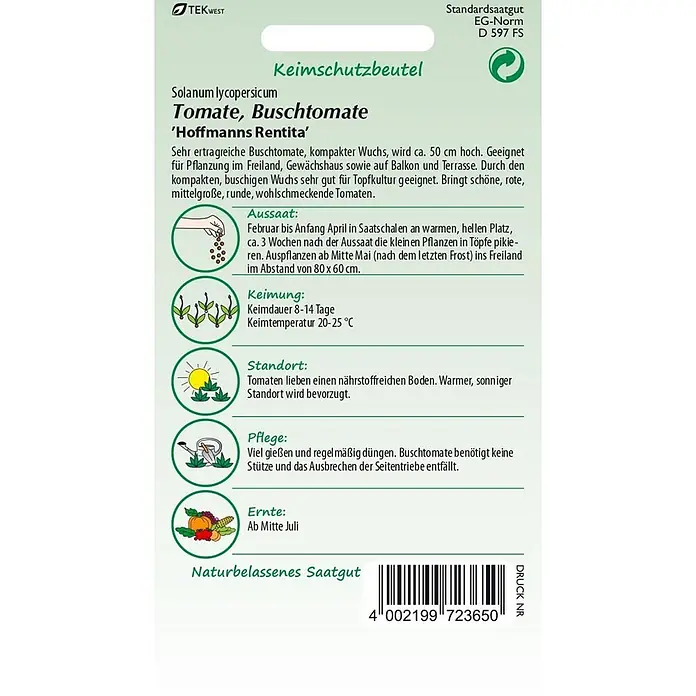 Samen Pfann Saatgut Buschtomate, Hoffmanns Rentita - Solanum lycopersicum, 1,6 g - Saatgut-Tüte für Buschtomate 'Hoffmanns Rentita' mit Pflanzanleitung und Sortenbeschreibung.