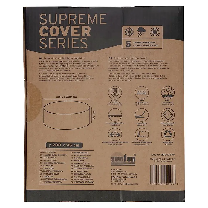 Sunfun Sitzgruppen-Schutzhülle - Polyester, 160 g/m², Schwarz - Schutzhülle der Supreme Cover Series, Ø 200 x 95 cm, aus reißfestem, UV-beständigem Polyester, mit wasserdichten und sehr robusten Eigenschaften.