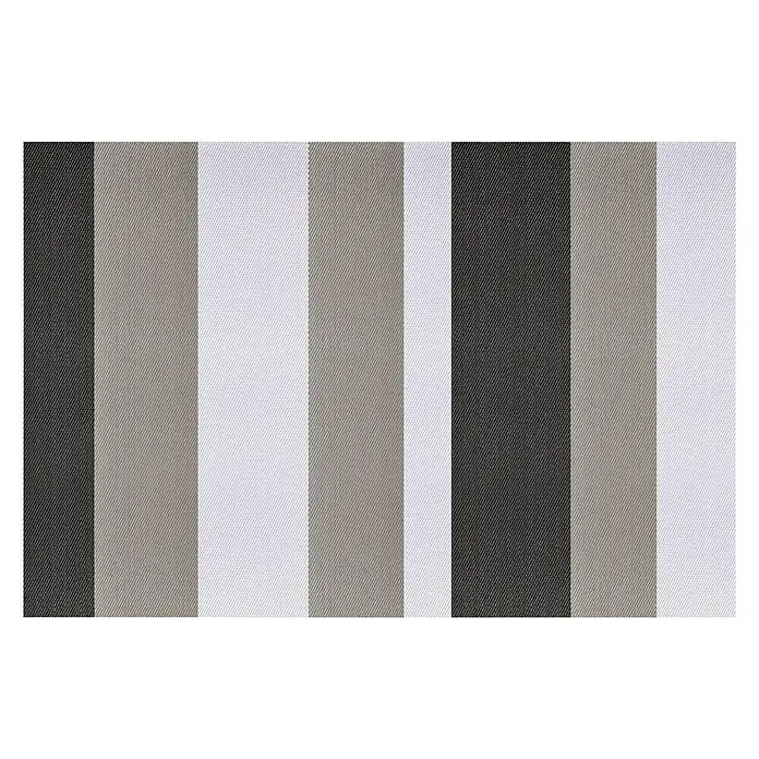 Alfombra de vinilo Living Stripes - Gris, 180 x 120 cm - Una alfombra rectangular con un patrón de rayas en tonos gris, beige y blanco. Detalle texturizado para suelos.