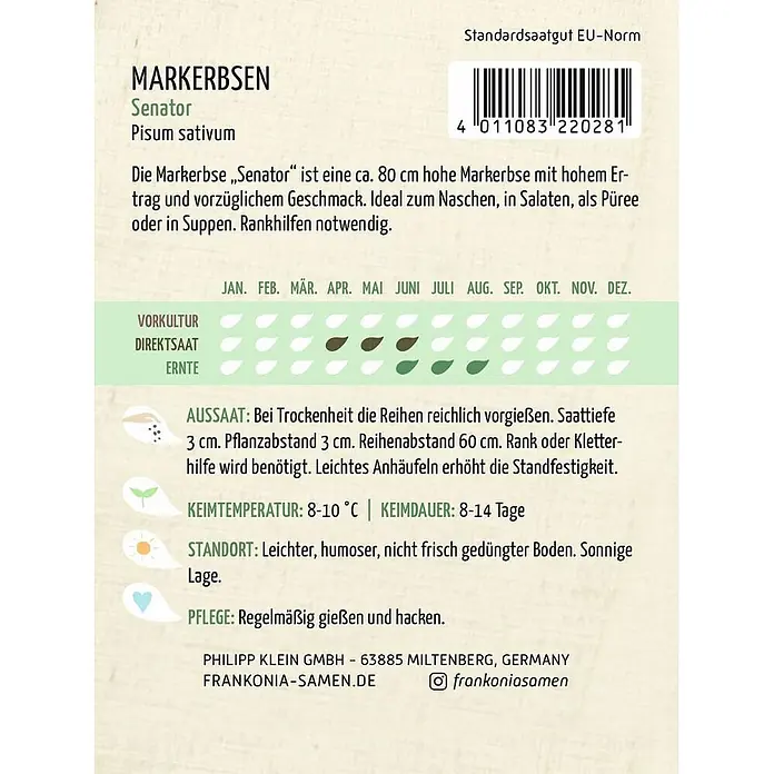 Frankonia Samen Saatgut Markerbse, Senator - Pisum sativum, 5,67 g - Markerbsen-Samentüte 'Senator' mit deutscher Pflanzanleitung und Barcode.