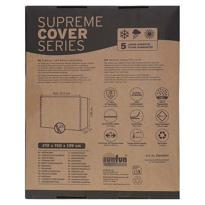 Sunfun Hollywoodschaukel-Schutzhülle - L x B x H: 210 x 150 x 139 cm, Polyester, 160 g/m², Schwarz - Schutzhülle Supreme Cover Series, 210x150x139 cm, aus UV-beständigem, wasserdichtem Polyethylen/Polypropylen.