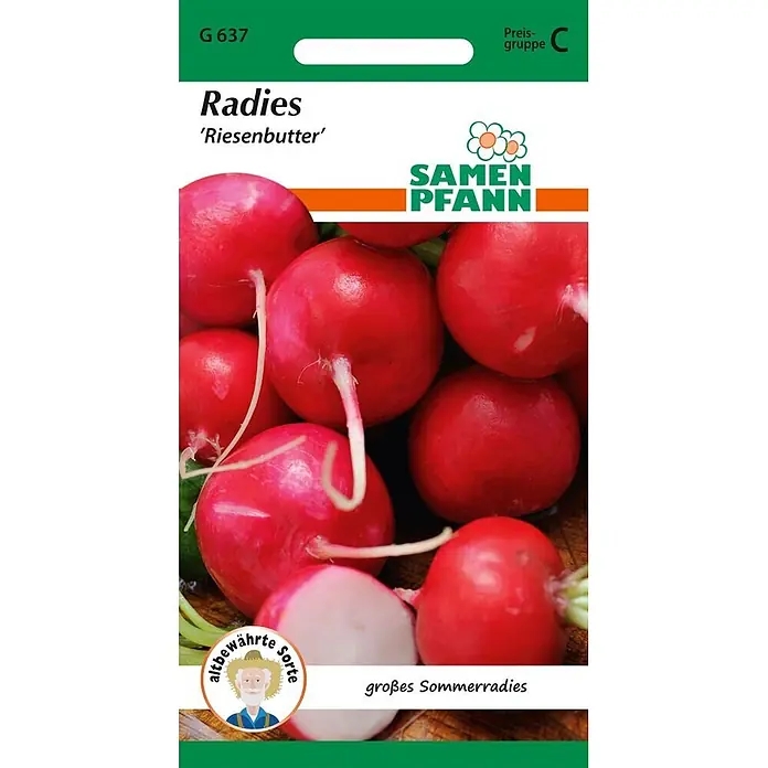 Samen Pfann Saatgut Radies, Riesenbutter - Raphanus sativus, 1,9 g - Samenpackung für Radieschen 'Riesenbutter' mit roten Radieschen, teilweise geschnitten, und dem Samen Pfann Logo.