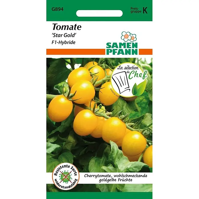 Samen Pfann Saatgut Tomate, Star Gold F1 (Cherry-Tomate) - Solanum lycopersicum, var. Star Gold F1, 1,6 g - Samentüte für 'Star Gold' goldgelbe Cherrytomaten, eine F1-Hybride und resistente Sorte.
