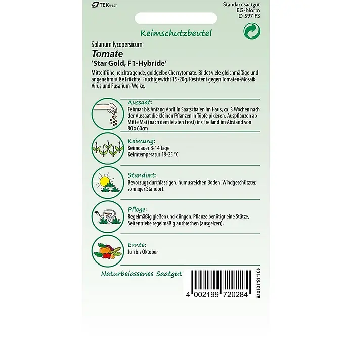 Samen Pfann Saatgut Tomate, Star Gold F1 (Cherry-Tomate) - Solanum lycopersicum, var. Star Gold F1, 1,6 g - Saatguttüte für goldgelbe Cherrytomaten 'Star Gold, F1-Hybride' mit Anbauanleitung und Barcode.