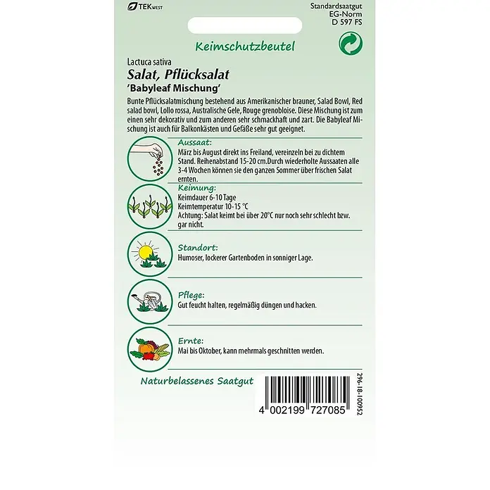 Samen Pfann Saatgut Pflücksalat, Baby Leaf Mischung - Lactuca sativa - Samenpäckchen für Salat 'Babyleaf Mischung', grün-weißes Design mit Anbauanleitung.