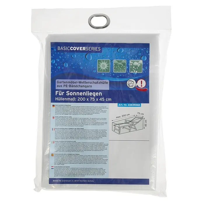 Sunfun Classic Sonnenliegen-Schutzhülle - L x B x H: 200 x 75 x 45 cm, Transparent - Transparente Verpackung einer wetterfesten Schutzhülle aus PE-Gewebe für Gartenliegen, Maße 200x75x45 cm.