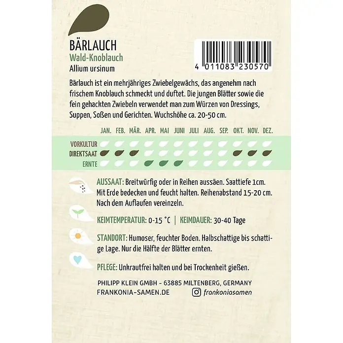 Frankonia Samen Saatgut Bärlauch, Wald-Knoblauch - Aium fistuosum - Bärlauch-Samenpaket mit Informationen zu Aussaat, Keimung und Pflege.