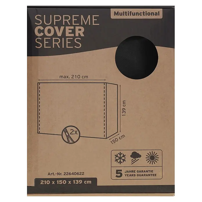 Sunfun Hollywoodschaukel-Schutzhülle - L x B x H: 210 x 150 x 139 cm, Polyester, 160 g/m², Schwarz - Braune Verpackung für eine multifunktionale schwarze Abdeckung, mit Maßen (210x150x139cm), Wettersymbolen, 2 Reißverschlüssen und 5 Jahren Garantie.