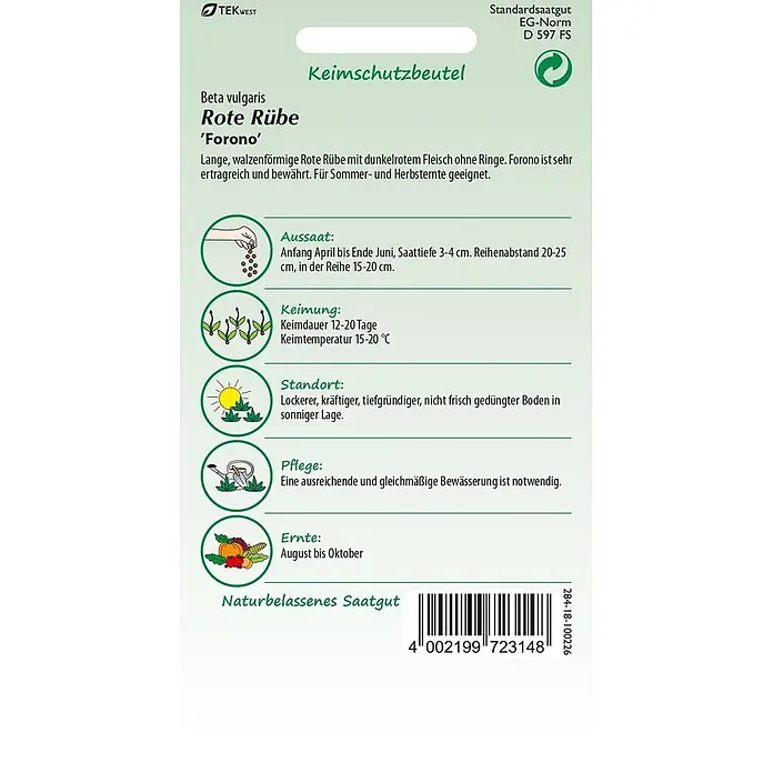 Samen Pfann Saatgut Rote Rübe, Forono (Rote Beete Bete) - Beta vulgaris, 1,9 g - Samenpackung für 'Forono' Rote Bete (Beta vulgaris), hellgrün und weiß, mit Pflanzanleitung und Barcode.