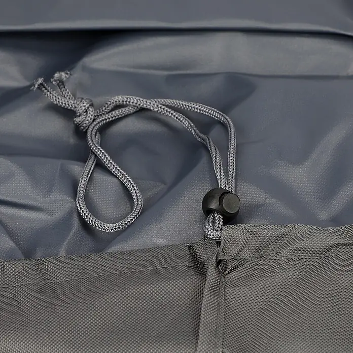 Sunfun Sandkasten-Schutzhülle - L x B x H: 160 x 160 x 20 cm, Polyester Oxford 420D, 160 g/m², Anthrazit - Dunkelgraue Stoffhülle mit strukturierter Oberfläche, mit geknotetem grauen Kordelzug und schwarzem Kordelstopper.
