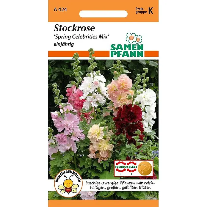 Samen Pfann Saatgut Stockrose, Spring Celebrities Mix - Alcea rosea, 1,6 g - Samenpackung für Stockrose 'Spring Celebrities Mix' mit einer Mischung aus rosa, weißen, roten und cremefarbenen gefüllten Blüten.