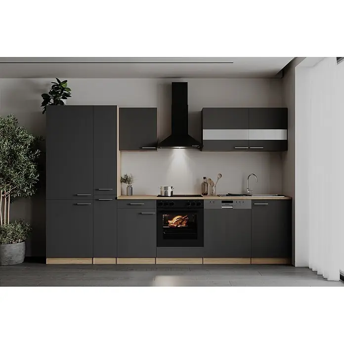 Respekta Küchenzeile Merle - Breite: 310 cm, Grau, Mit Elektrogeräten - Moderne dunkelgraue Küche mit hellen Holzakzenten, integriertem Backofen, Kochfeld, Spüle und Geschirrspüler.