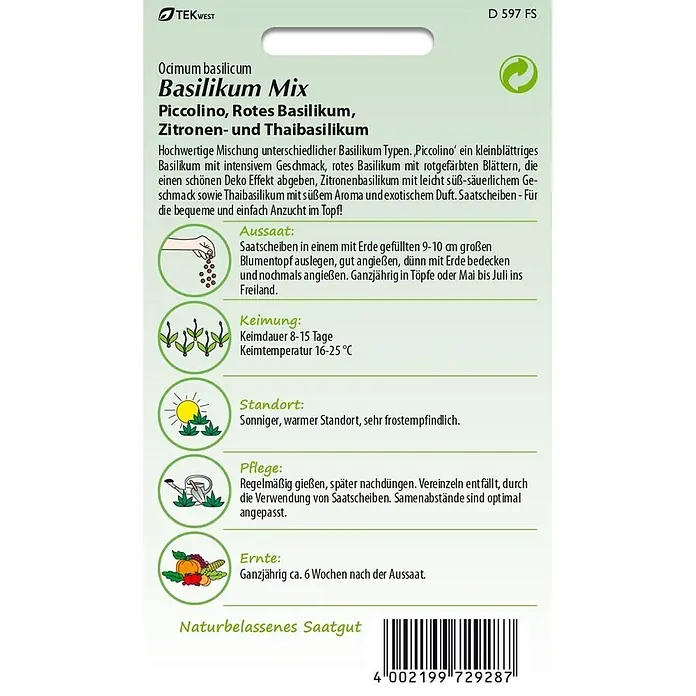 Samen Pfann Saatgut Basilikum, Mix - Ocimum basilicum - Samentüte für TEKWEST Basilikum Mix mit Piccolino-, Rot-, Zitronen- und Thaibasilikum-Samen. Enthält Anbau- und Pflegeanweisungen.