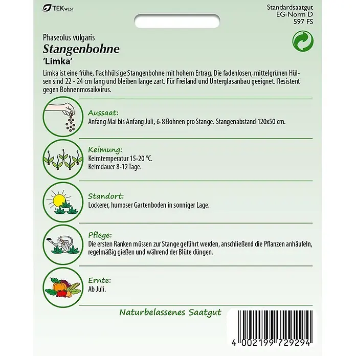 Samen Pfann Saatgut Stangenbohne, Limka - Phaseolus vulgaris, 6,2 g - Samentüte für Stangenbohnen 'Limka' mit Pflanzanleitung und Sortenbeschreibung auf Deutsch.