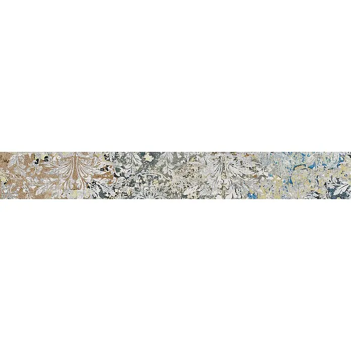 Sockelfliese Carpet Natural - 8 x 59,2 cm, Vestige, Matt - Dekorativer Fliesenmuster im Used-Look mit weißer, grauer, brauner, gelber und blauer Grunge-Textur.