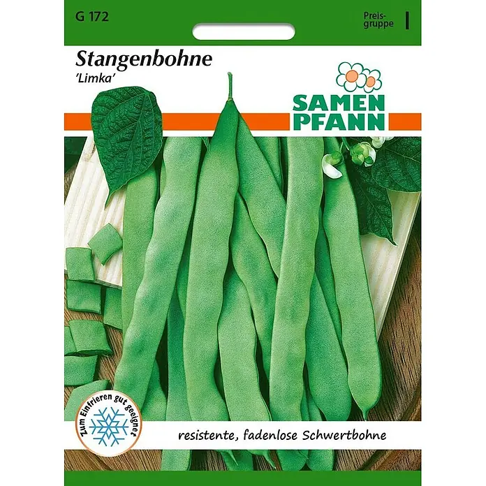 Samen Pfann Saatgut Stangenbohne, Limka - Phaseolus vulgaris, 6,2 g - Samenpaket für 'Limka' Stangenbohnen. Grüne, fadenlose Schwertbohnen, zum Einfrieren geeignet, resistent.