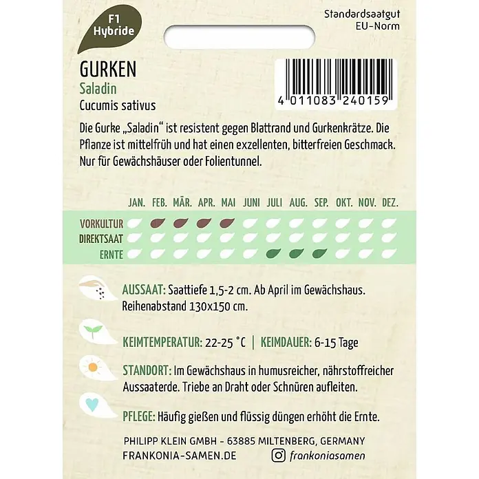 Frankonia Samen Saatgut Salatgurke, Saladin F1 - Cucumis sativus - Saatguttüte für F1-Hybrid-Gurke „Saladin“ mit Anbauinformationen.