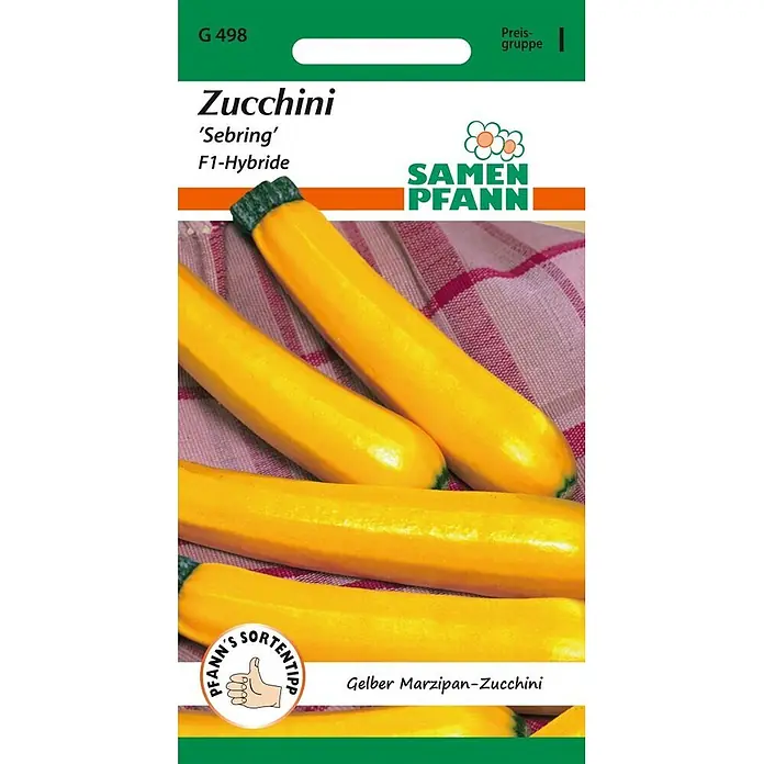 Samen Pfann Saatgut Zucchini, Sebring F1 - Cucurbita pepo, var. Sebring F1, 1,6 g - Samen Pfann Samenpackung für 'Sebring' F1-Hybride Gelber Marzipan-Zucchini, mit Abbildung gelber Zucchini.