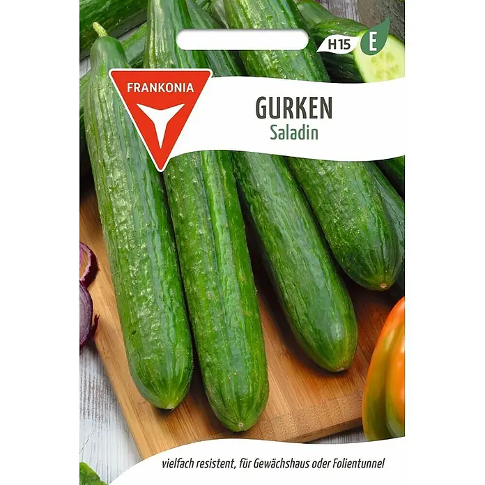 Frankonia Samen Saatgut Salatgurke, Saladin F1 - Cucumis sativus - Samentüte 'Frankonia Gurken Saladin' mit frischen grünen Gurken. Resistent, geeignet für Gewächshaus oder Folientunnel.