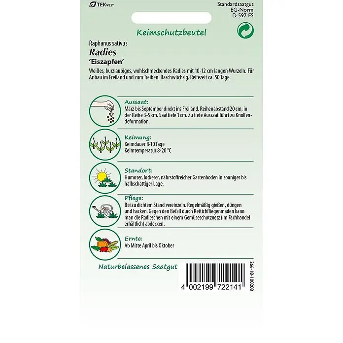 Samen Pfann Saatgut Radies, Eiszapfen - Raphanus sativus, 1,9 g - Samenpackung für 'Eiszapfen'-Radieschen mit Pflanzanleitung.