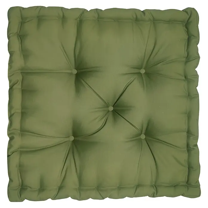Cojín para suelo capitone water resist Oxford - 45 x 45 cm, Textil, Verde, Cuadrado - Cojín cuadrado de tela capitoné verde oliva.