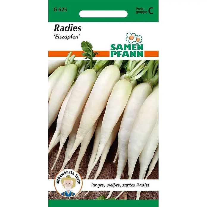 Samen Pfann Saatgut Radies, Eiszapfen - Raphanus sativus, 1,9 g - Saatgut-Tüte für Radieschen 'Eiszapfen', mit Abbildung langer, weißer Radieschen.