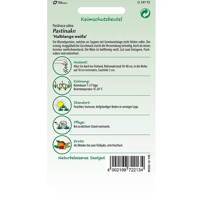 Samen Pfann Saatgut Pastinake, Halblange weiße - Pastinaca sativa - Pastinaken-Samentüte 'Halblange weiße' mit Anbauanleitung und Barcode.