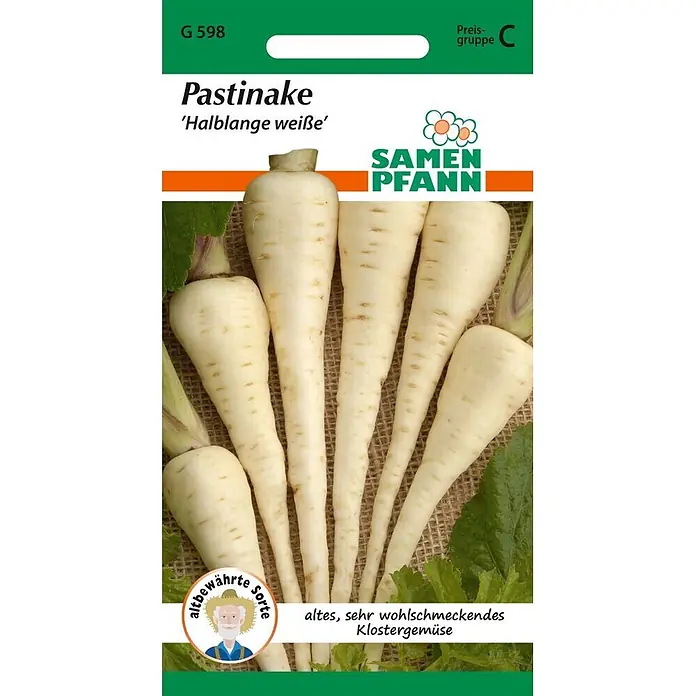 Samen Pfann Saatgut Pastinake, Halblange weiße - Pastinaca sativa - Samentüte mit weißen, halblangen Pastinakenwurzeln. Marke: Samen Pfann.