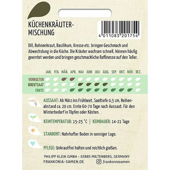 Frankonia Samen Saatgut Küchenkräuter-Mischung - 1,53 g - Küchenkräuter-Samenmischung mit Barcode, detaillierten Pflanzanweisungen und Erntetabelle.