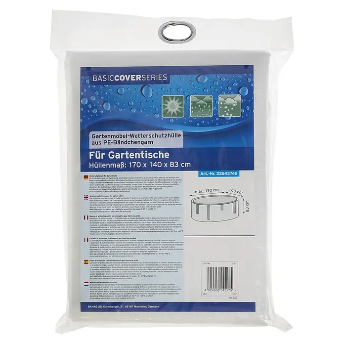 Sunfun Classic Gartentisch-Schutzhülle - L x B x H: 170 x 140 x 83 cm, PE-Bändchengarn, 90 g/m², Transparent - Weiße Gartentisch-Wetterschutzhülle aus PE-Material in transparenter Verpackung, Maße 170 x 140 x 83 cm.