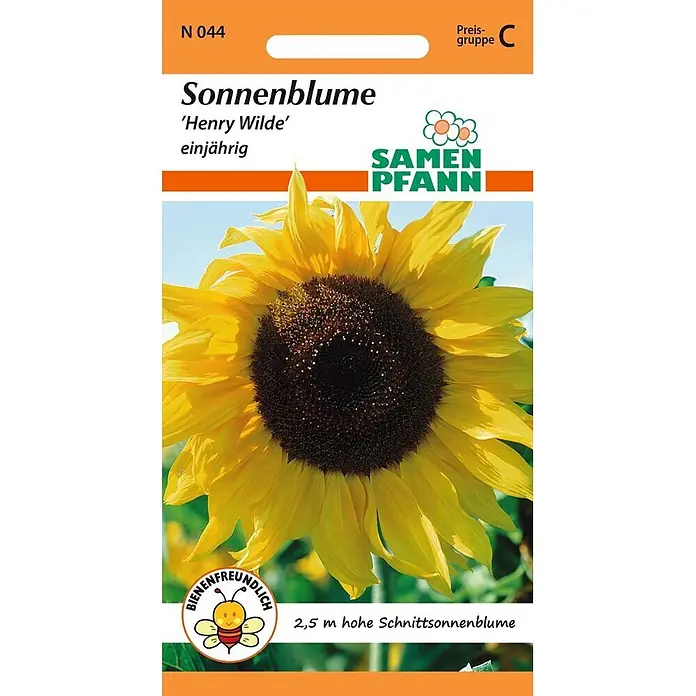 Samen Pfann Saatgut Sonnenblume, Henry Wilde - Helianthus annuus - Samenpäckchen für 'Henry Wilde' Sonnenblumen, mit großem gelbem Sonnenblumenmotiv auf der Vorderseite.