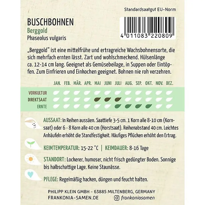 Frankonia Samen Saatgut Buschbohne, Berggold - Phaseolus vulgaris, 5,67 g - Samentüte für Buschbohnen Berggold mit Aussaat-Informationen und Barcode.