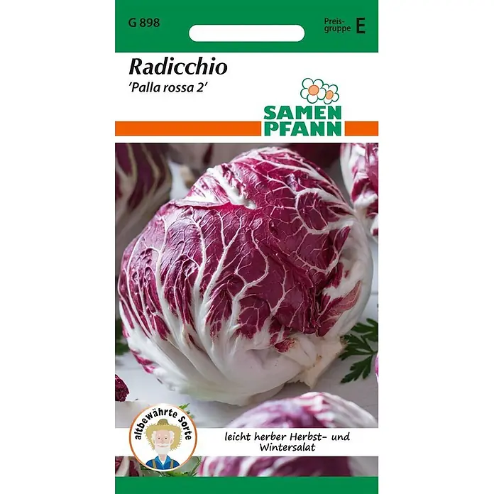 Samen Pfann Saatgut Radicchio, Palla Rossa - Cichorium intybus, 1,6 g - Radicchio 'Palla rossa 2' Samenpackung mit lebhaft rotem und weißem Radicchiokopf und Markenlogo.