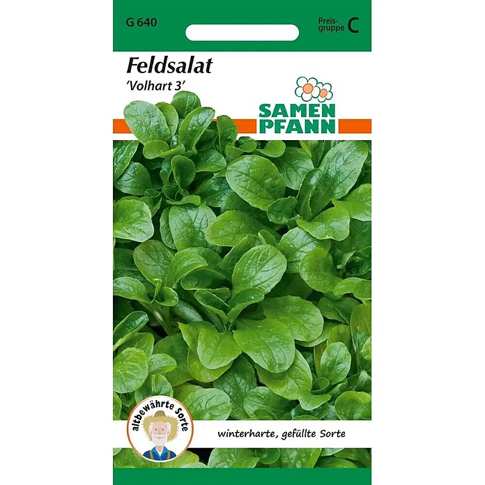 Samen Pfann Saatgut Feldsalat, Vollhart 3 - Valerianella locusta, 1,9 g - Samentüte für Feldsalat 'Volhart 3' mit leuchtend grünen Blättern und dem 'Samen Pfann' Logo.