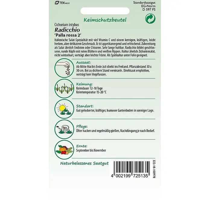 Samen Pfann Saatgut Radicchio, Palla Rossa - Cichorium intybus, 1,6 g - Saatguttüte für Radicchio 'Palla rossa 2' mit Anbauanweisungen.