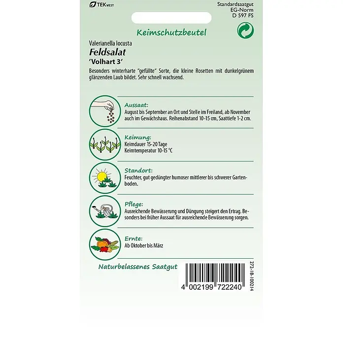 Samen Pfann Saatgut Feldsalat, Vollhart 3 - Valerianella locusta, 1,9 g - Saatgutpackung für Feldsalat 'Volhart 3' mit Pflanzdetails.