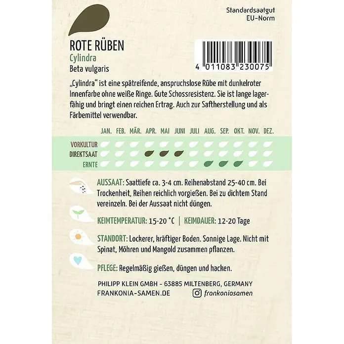 Frankonia Samen Saatgut Rote Rübe, Cylindra (Rote Beete Bete) - Beta vulgaris, 1,73 g - Samenpackung für „Cylindra“ Rote Rüben mit Pflanzinformationen, Barcode und Markendetails.
