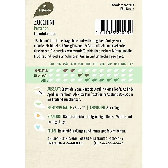 Frankonia Samen Saatgut Zucchini, Partenon F1 - Cucurbita pepo - Zucchini 'Partenon' Samenpackung mit Sortenbeschreibung, Pflanzkalender und Anbauanleitung.
