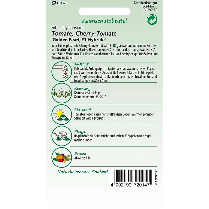 Samen Pfann Saatgut Cherry-Tomate, Golden Pearl F1 - Solanum lycopersicum, var. Golden Pearl F1, 1,6 g - Samenpäckchen für 'Golden Pearl' F1-Hybrid Cherry-Tomaten mit Anbauinformationen und Barcode.